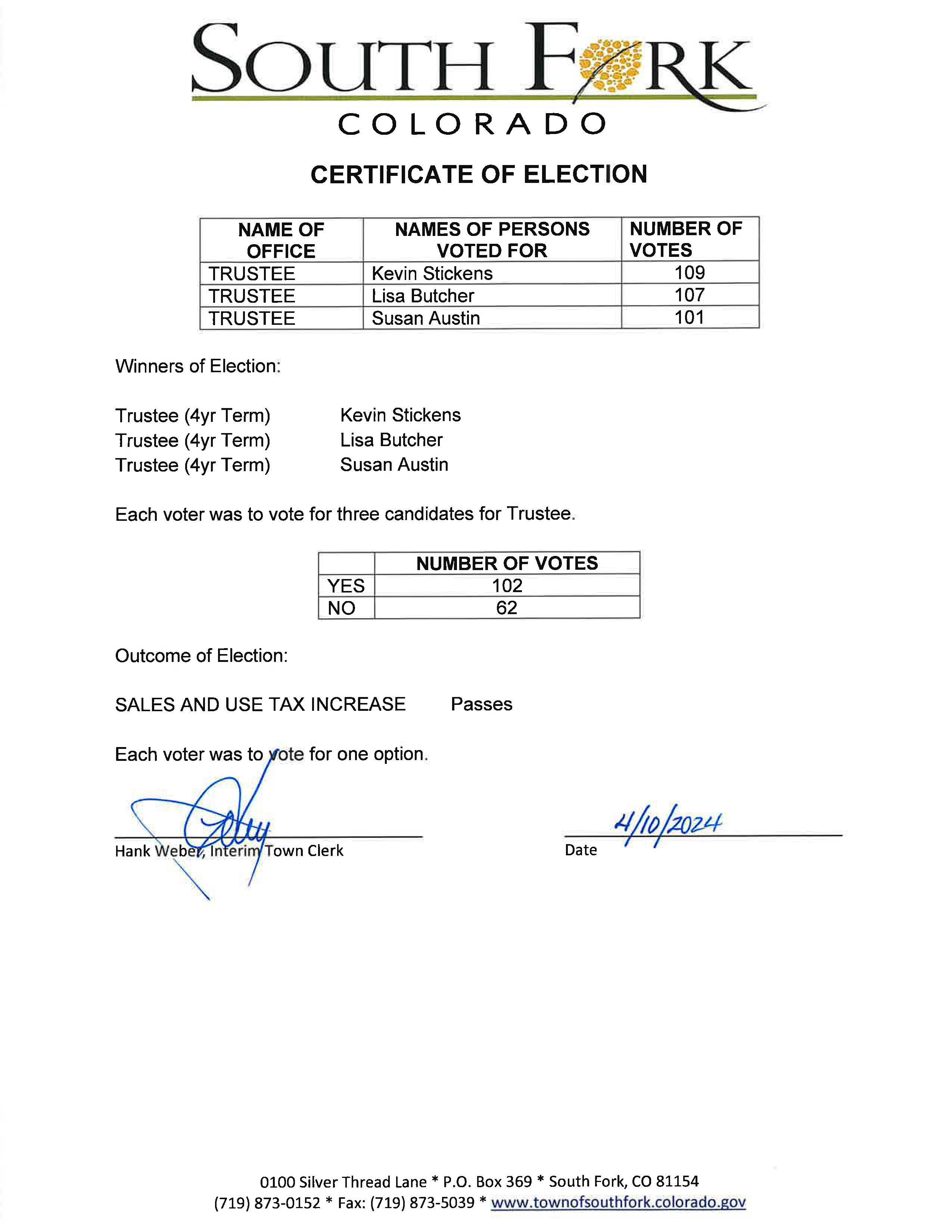 Certificate of election 2024